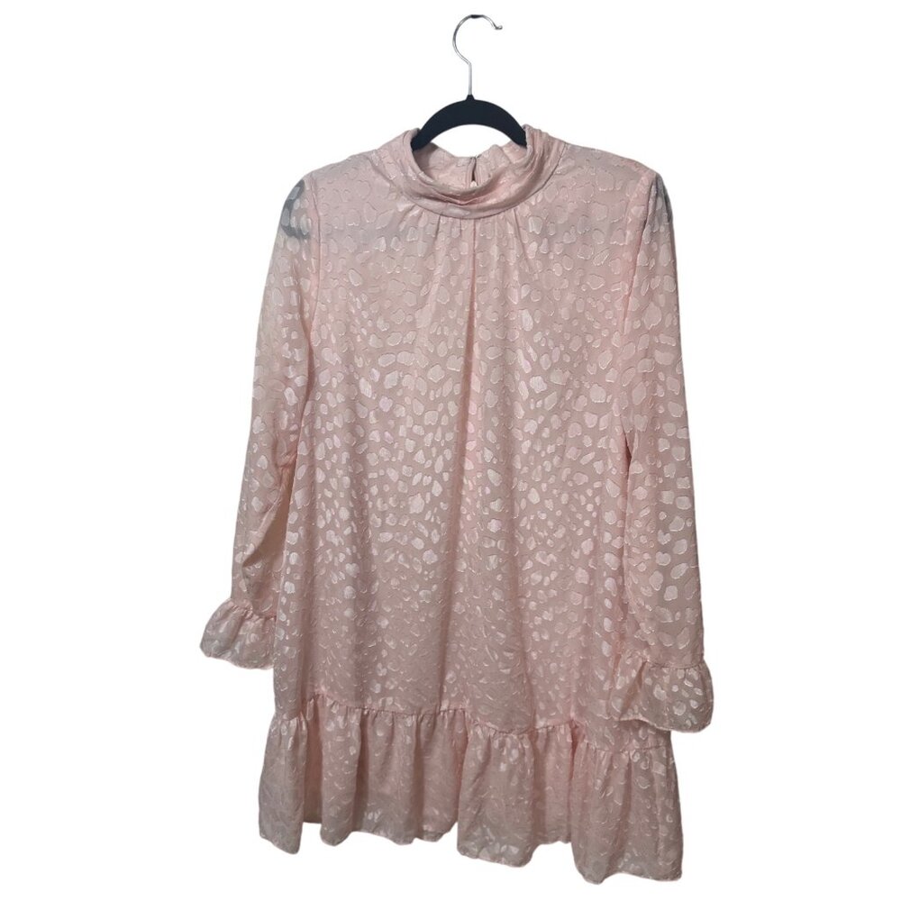 Calvin Klein Blush Pink Jacquard Mock Neck Ruffle Hem Dress L - Picture 2 of 9